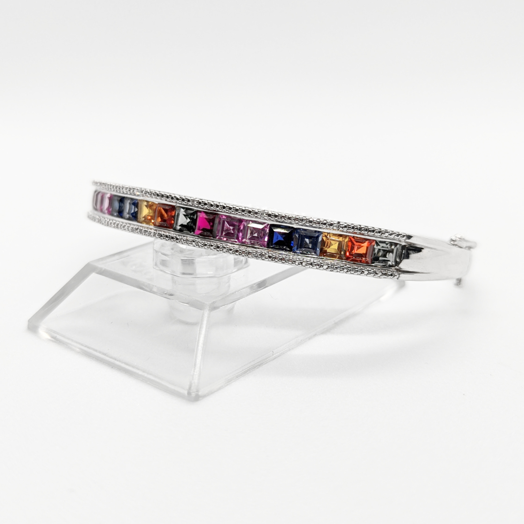 Sterling Silver and Created Sapphire Watercolor Hinged Bangle Bracelet