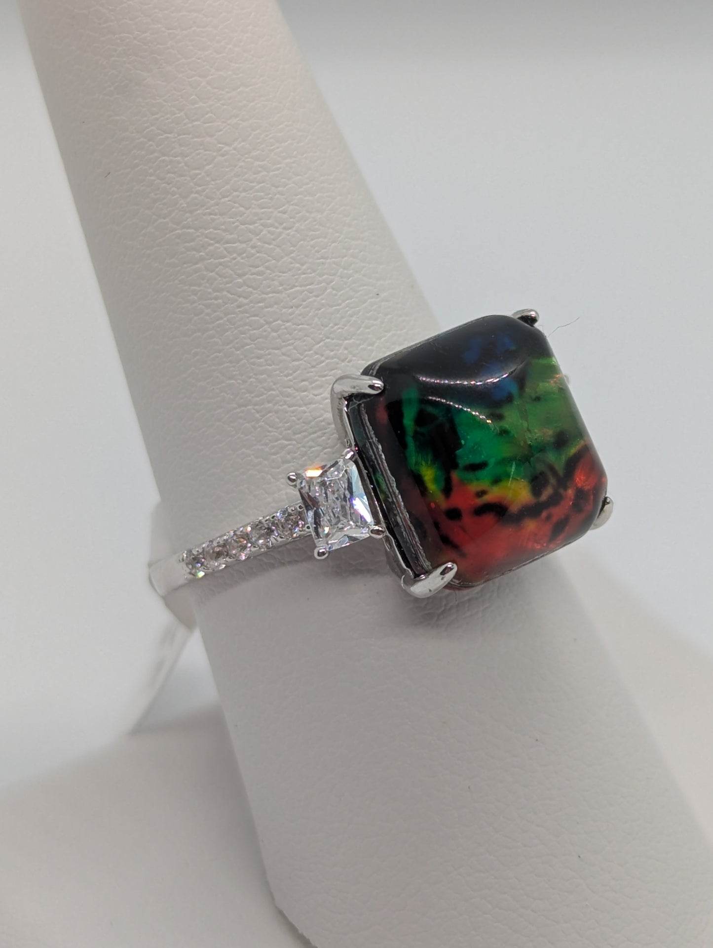 925 Sterling Silver Created Square Cabochon Fire Agate & White Sapphire 3-Stone Ring