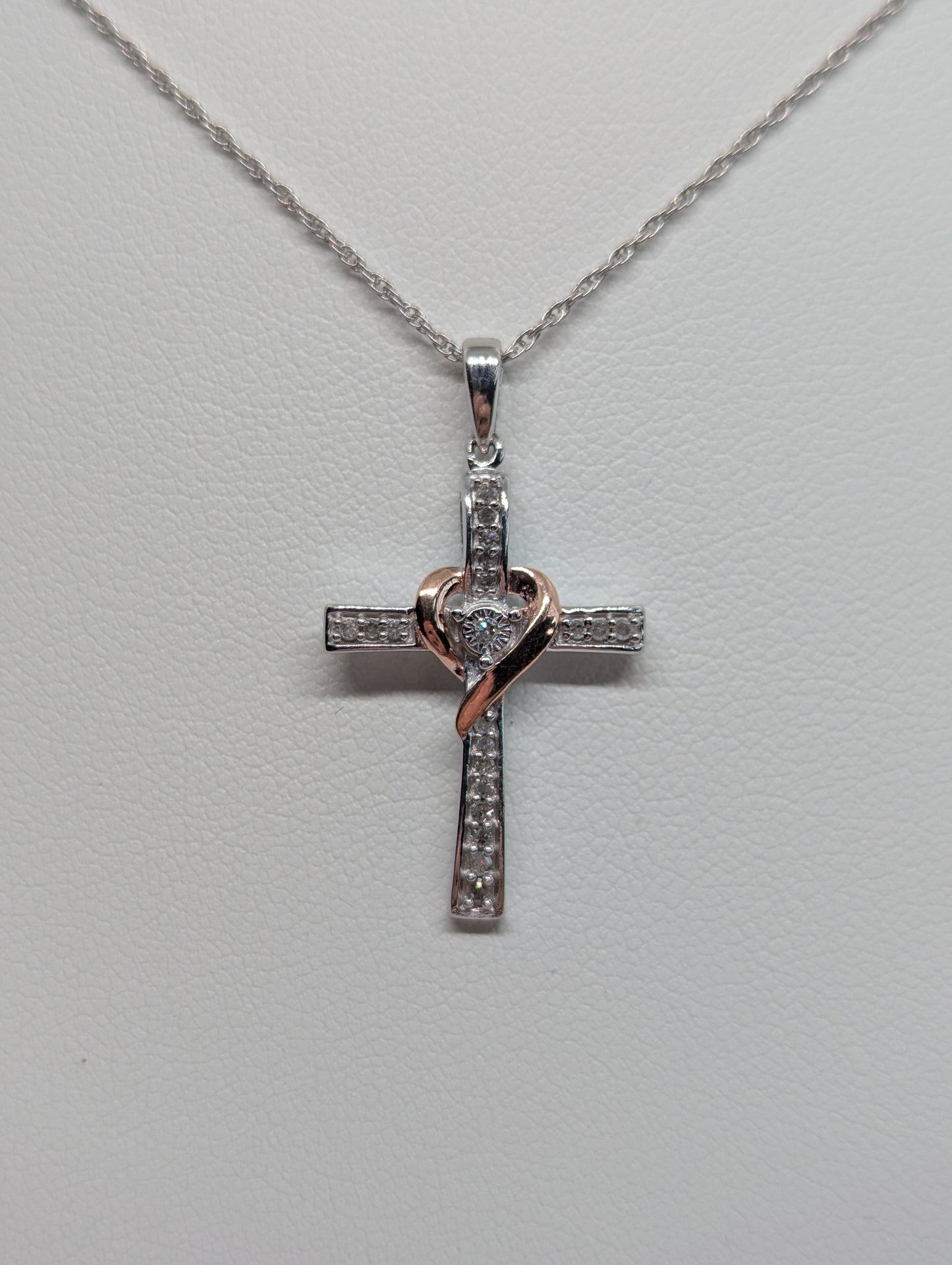 925 Sterling Silver 1/10CT. Natural Diamond Cross Pendant Necklace with Heart Accent