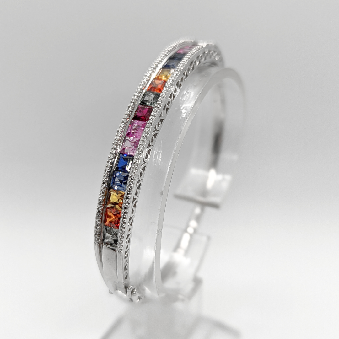 Sterling Silver and Created Sapphire Watercolor Hinged Bangle Bracelet