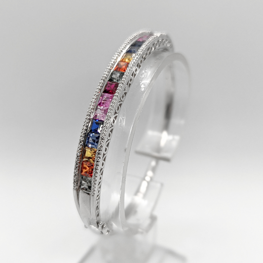 Sterling Silver and Created Sapphire Watercolor Hinged Bangle Bracelet