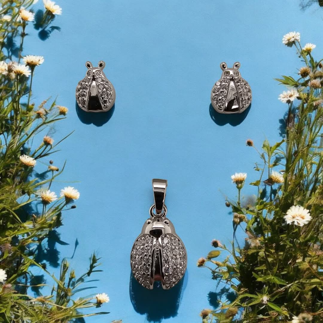 Sterling Silver with Created White Sapphire Ladybug Earring & Pendant Set