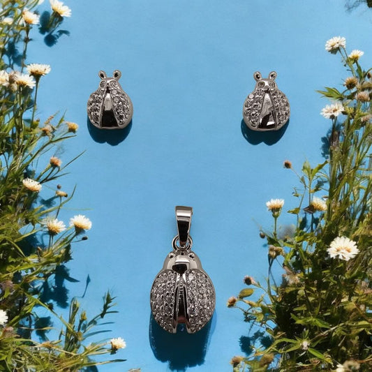 Sterling Silver with Created White Sapphire Ladybug Earring & Pendant Set