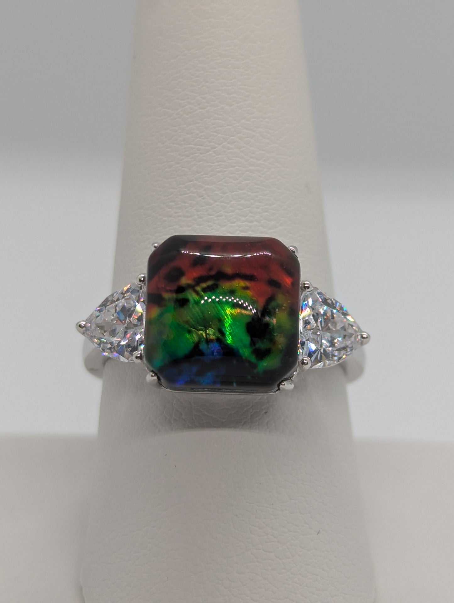 925 Sterling Silver Created Square Cabochon Fire Agate & White Sapphire Ring