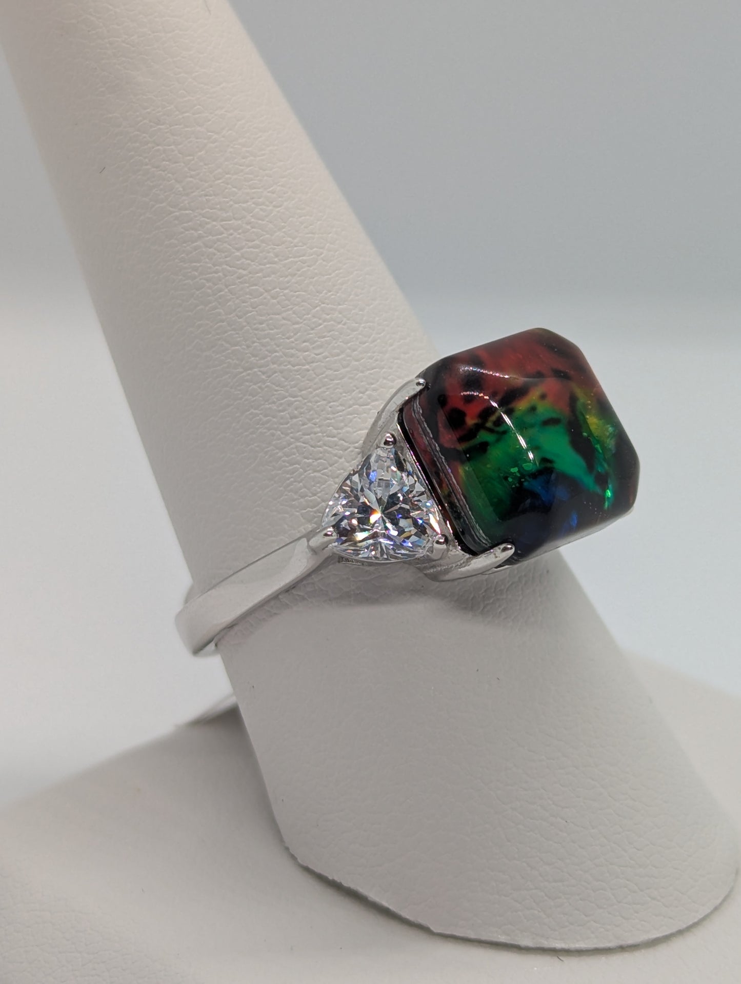 925 Sterling Silver Created Square Cabochon Fire Agate & White Sapphire Ring