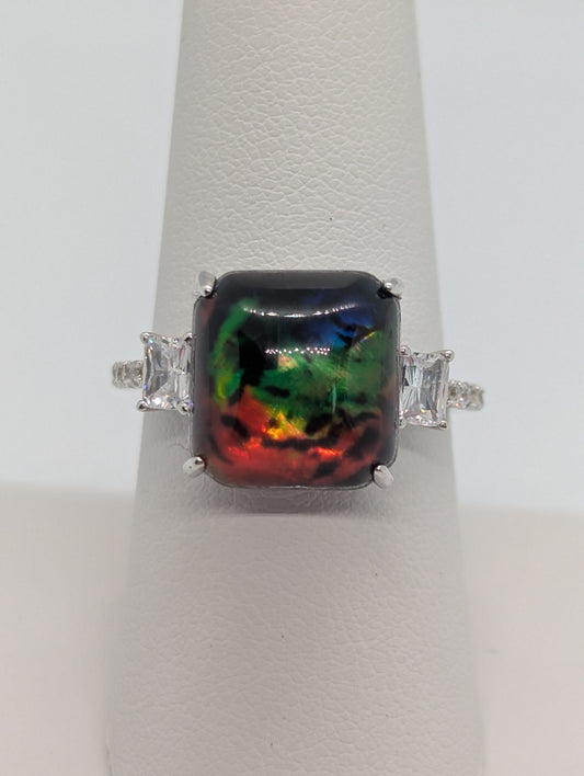 925 Sterling Silver Created Square Cabochon Fire Agate & White Sapphire 3-Stone Ring