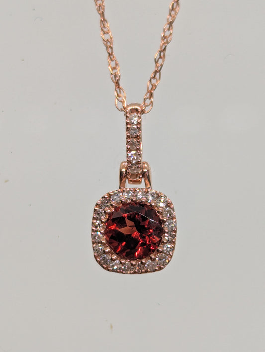 10K Rose Gold Garnet & 1/16CT. Natural Diamond Halo Pendant with Accented Bail