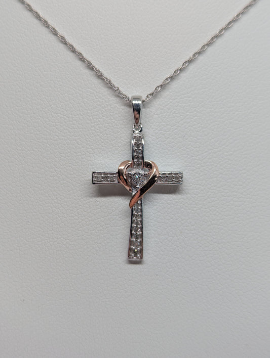 925 Sterling Silver 1/10CT. Natural Diamond Cross Pendant Necklace with Heart Accent