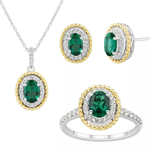 925 Sterling Silver Created White Sapphire & Created Emerald 3-Piece Braided Gold Accent Set