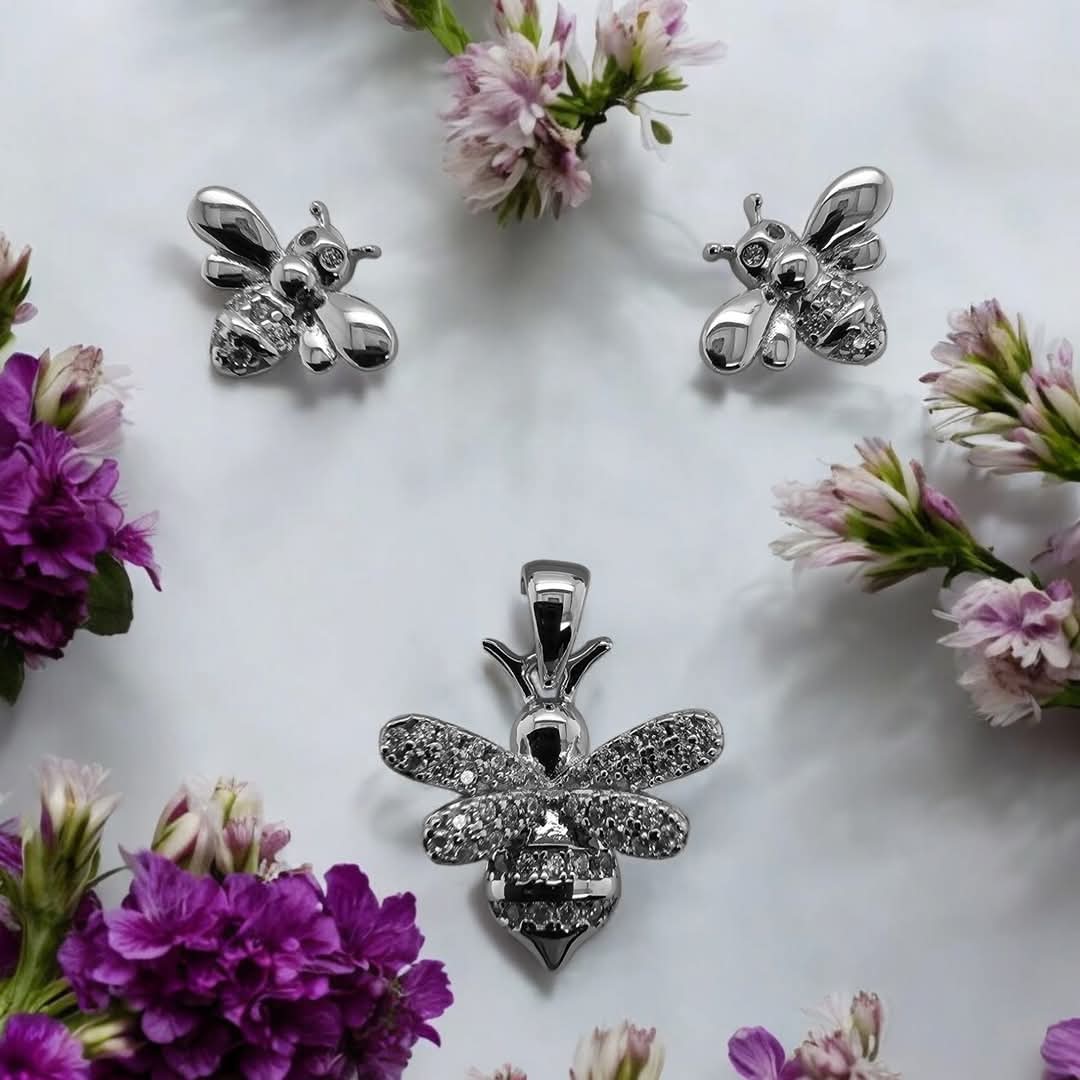 Sterling Silver with Created White Sapphire Bumblebee Earring & Pendant Set