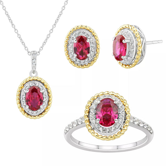 925 Sterling Silver Created White Sapphire & Created Ruby 3-Piece Braided Gold Accent Set